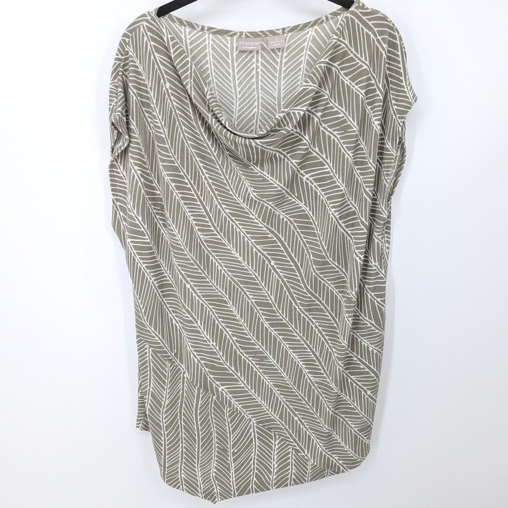 Chico's Travelers Top Women 16/18 Green Geometric Cowl Neck Cap Sleeve Blouse